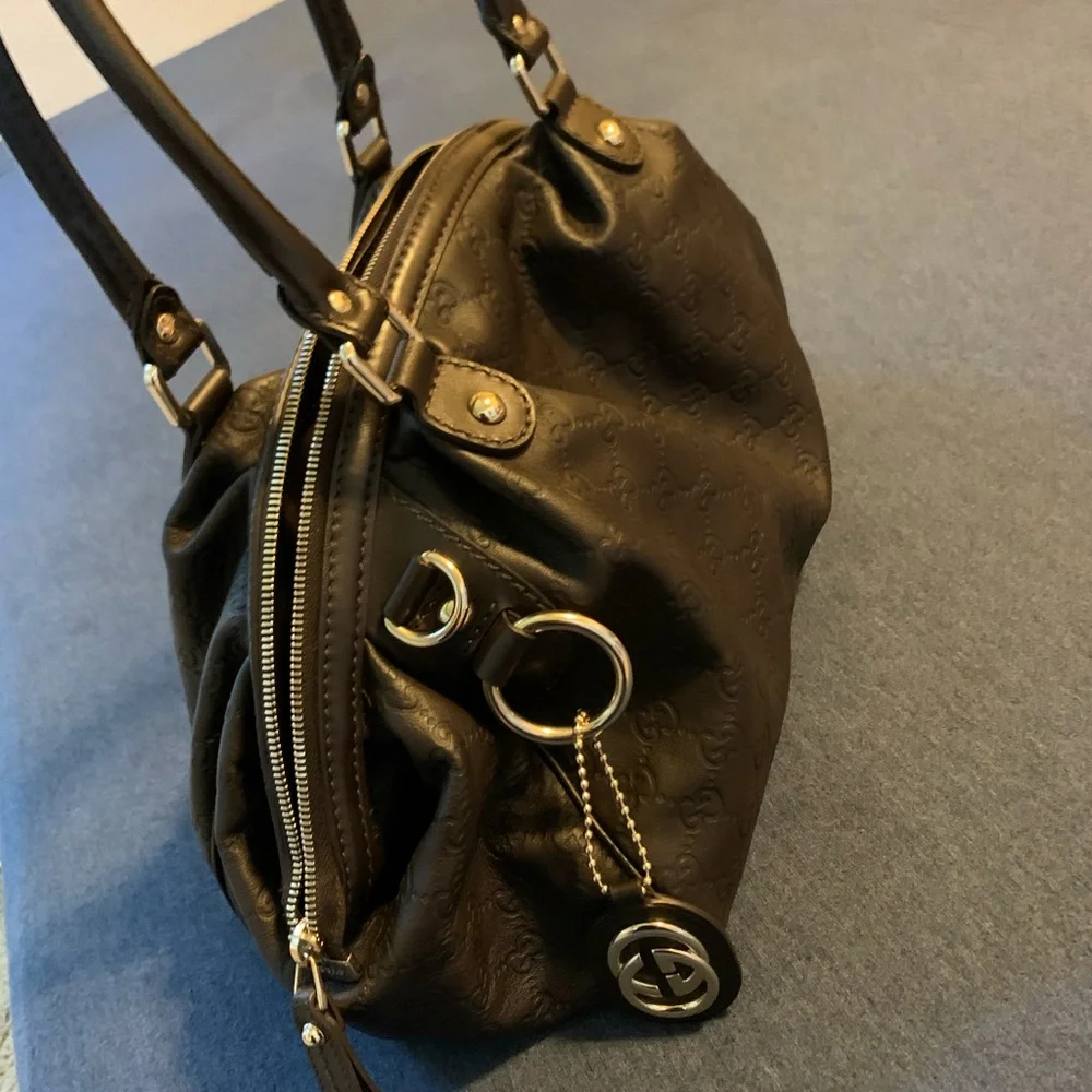 Gucci Black Embossed GG Shoulder Bag with Logo Charm